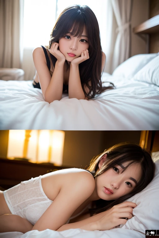 full bodyesbian、Precise proportions、Japan person model、Japan girl at 18 years old、slim model lying on the side of bed、single、小柄、Hair that flutters in the wind、tulle、long legged、slightly open legs、s ass、red blush、full of shyness、鎖骨、abdominals、Double weave、Chinese Lady、beautiful and delicate face、fair white skin、authentic skin、(详细的脸)、Goose egg face、pores、超A high resolution、 8k、Parameters top quality、masterpiece、超A high resolution、(Real 2.0)、detaileds、Skin details、white panties、Brunette Straight Hair、beautidful eyes、An Asian girl、Slimed、lo fashion、girlfriend、Beautiful fece、Beautiful fece、Studio Lighting