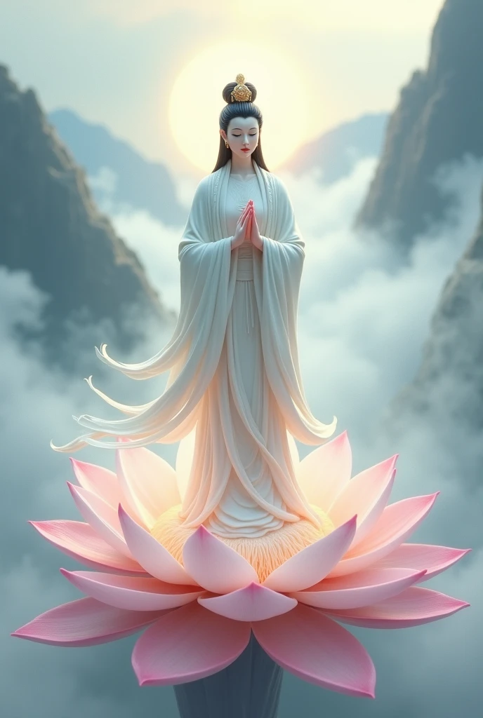 AI picture of a thousand hands thousand eyes feminine buddha head figure with long straight tied up black hair wearing in white outfit brighter background standing on a lotus flower and all hands holding different types of weapons