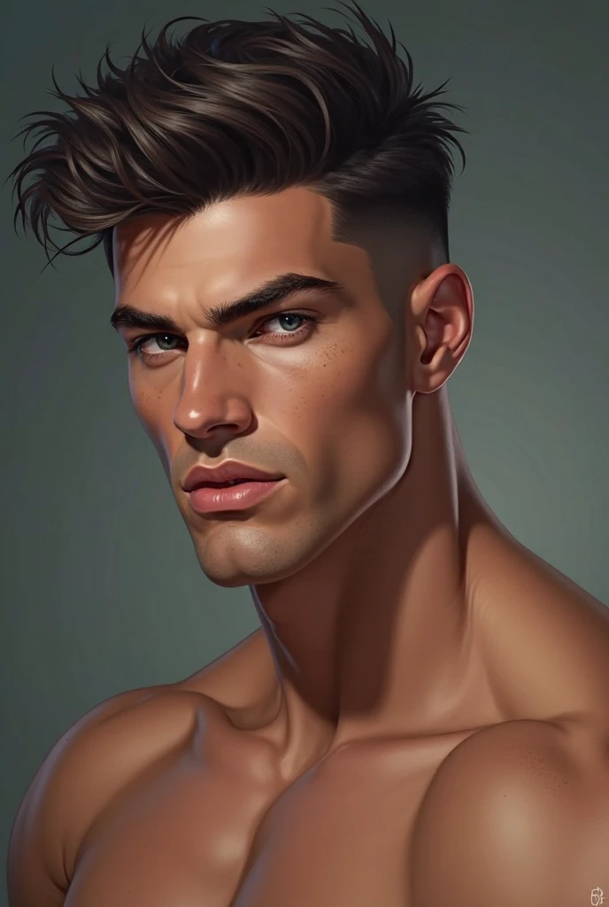 arafed man with a pink shirt and a pair of ear piercings, short on sides, mohawk haircut, modern haircut, short hair on sides of head, shaved sides short top, shaved sides, one side haircut, tapered hairline, mohawk hairstyle, cut style, crew cut hair, mullet haircut, half shaved haircut, undercut haircut, shaved haircut