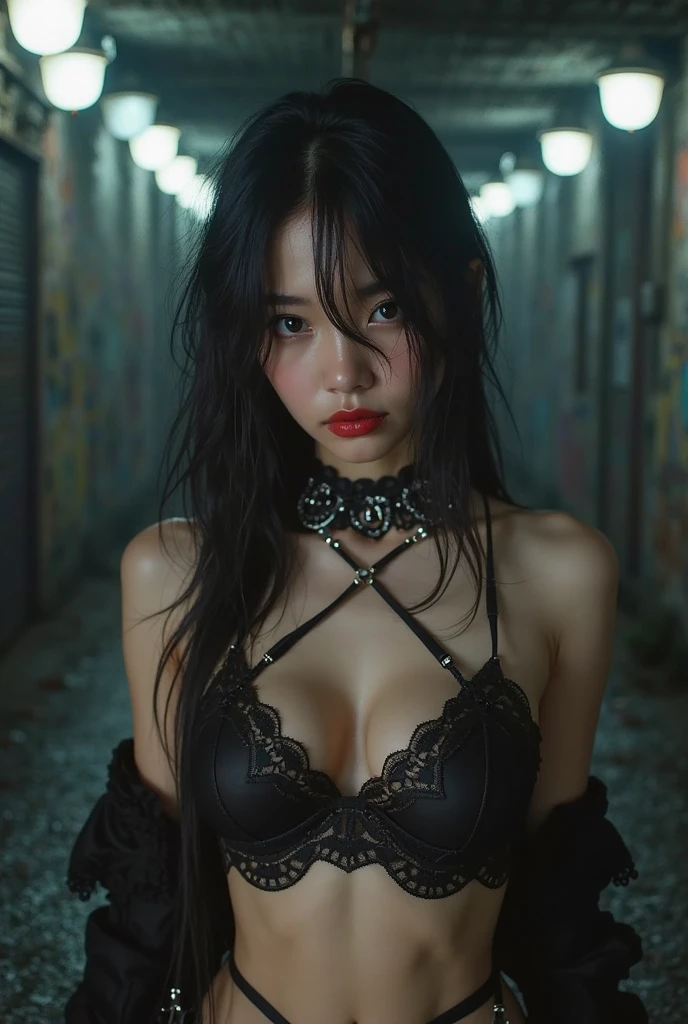 a sexy oriental gothic girl in leather bdsm lingerie, extremely detailed face and eyes, beautiful detailed lips, longeyelashes, intricate leather bdsm lingerie, dark gothic makeup, dark background, dark moody lighting, dramatic chiaroscuro lighting, cinematic composition, high quality, 8k, photorealistic, masterpiece