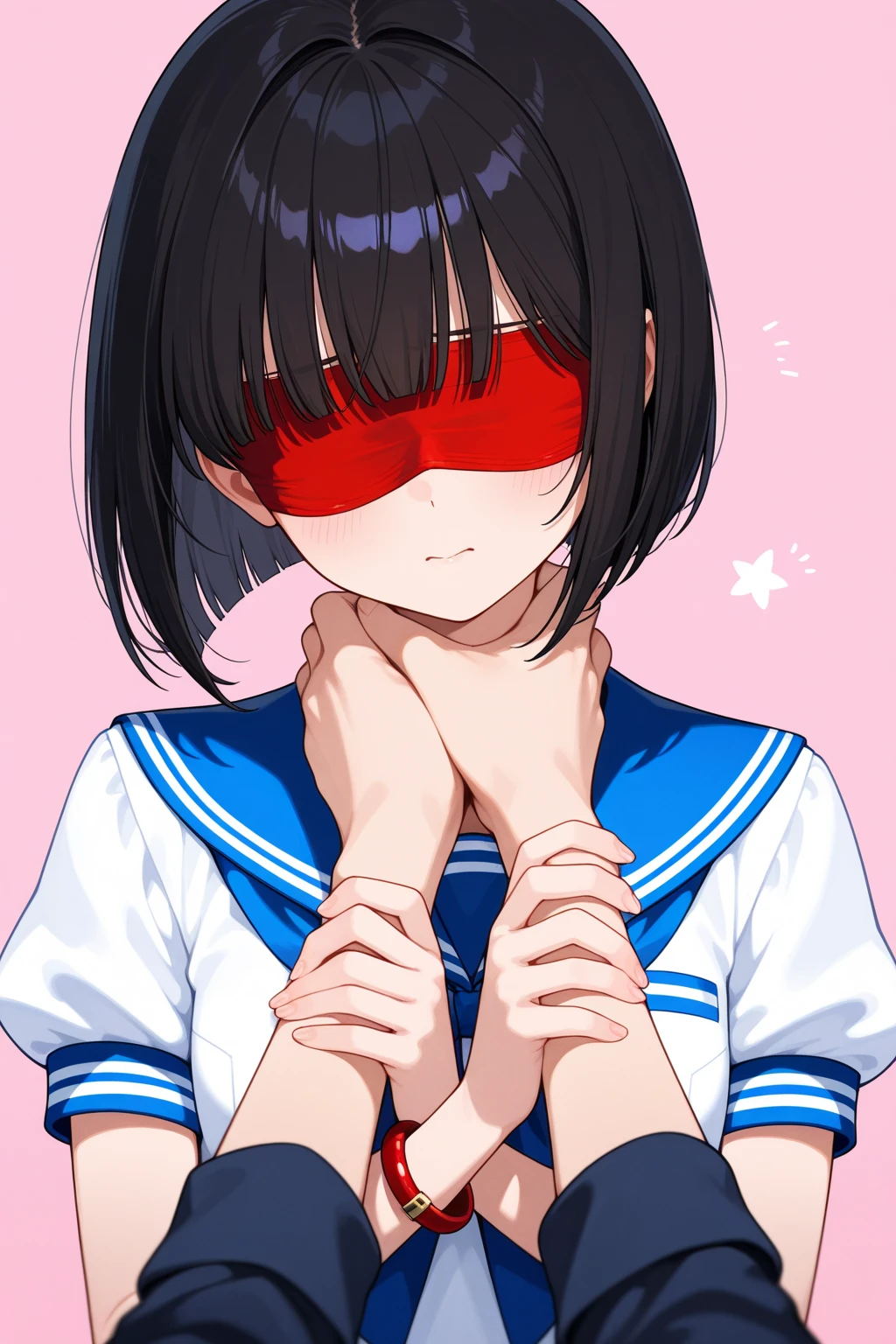 Beautiful girl at 13 years old,Japanese,,,Small and slim,Flat Chest,Small breasts,Baby Face,Small face,Black Hair,Twin tails,middle School girls,,ribbon,shirt formal,Short sleeve,open mouth,Blindfold,tongue out,Kneeling and sitting,Beautiful and detailed anime art,high angle, looking at viewer, looking ahead, from above,cowboy shot,Sexy vibe,cum on tongue,On the bed,fellatio,Grey Eyes,puzzled look,Hands tied behind back