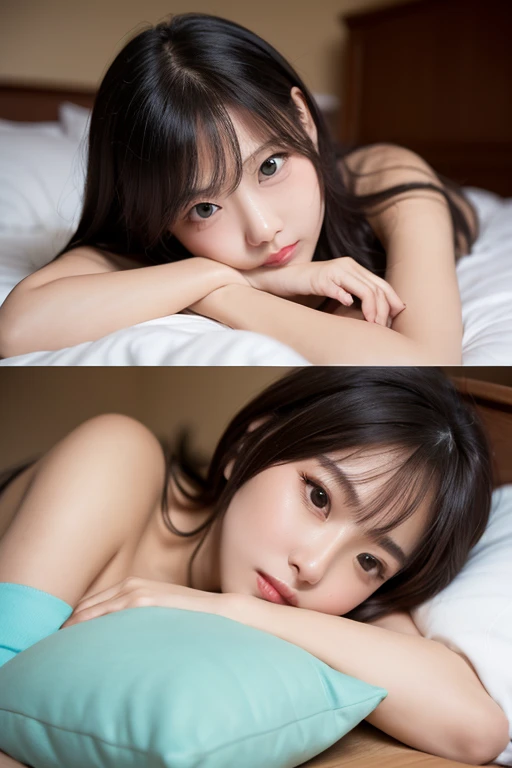 ( Girl lying on bed),(8K、RAW photo、highest quality、masterpiece:1.2)、(realistic、Photoreal:1.37)、Super detailed、ultra high resolution、1 girl、see the beholder、beautiful and detailed face、laughter、narrow、(slim waist) :1.3)、((full nude))、beautiful 、skin texture、floating hair、professional lighting、spread your legs、