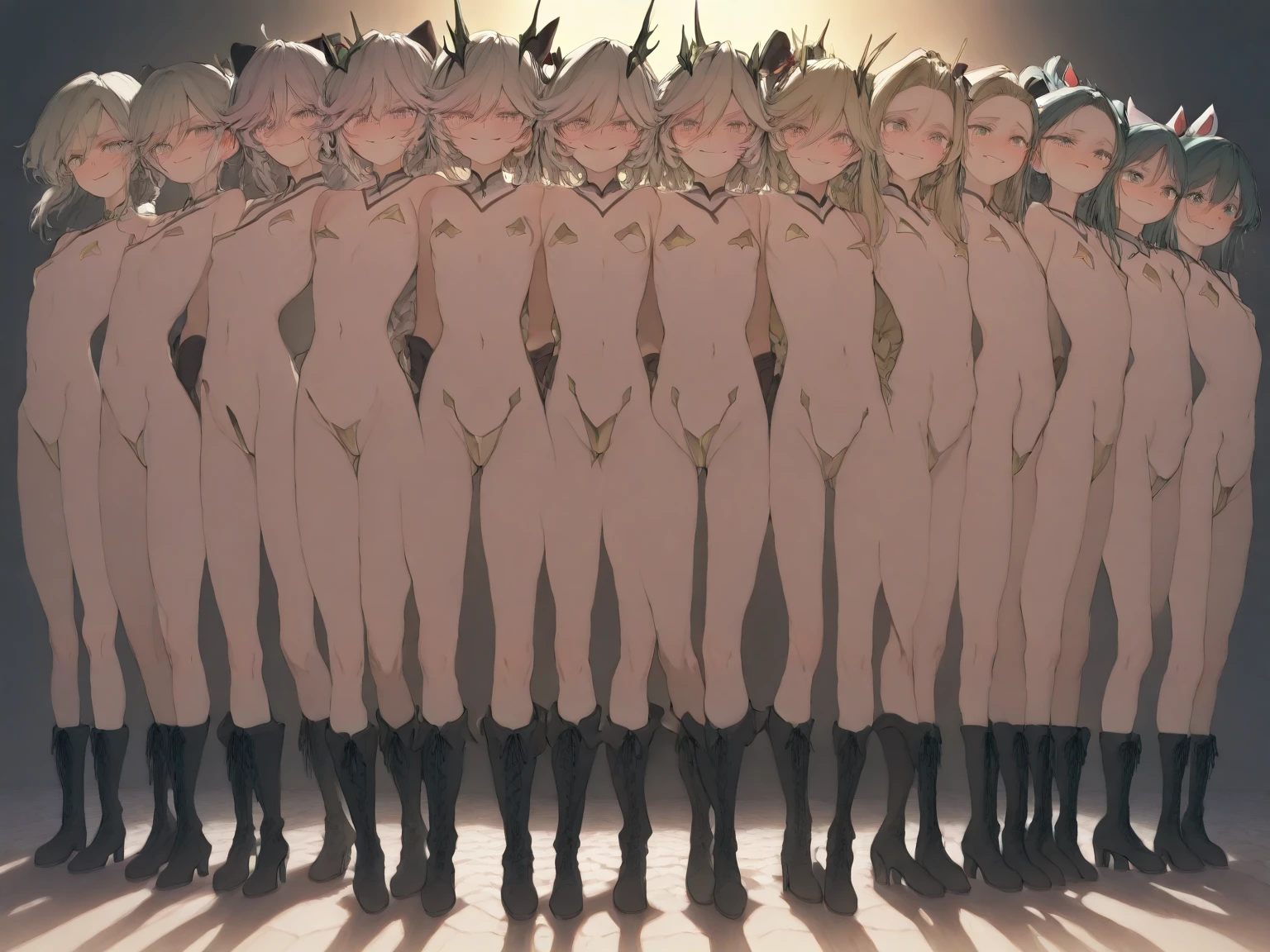 3 girls, 1 girl has beige skin, 1 girl has orange tanned skin, 1 girl has brown skin, naked