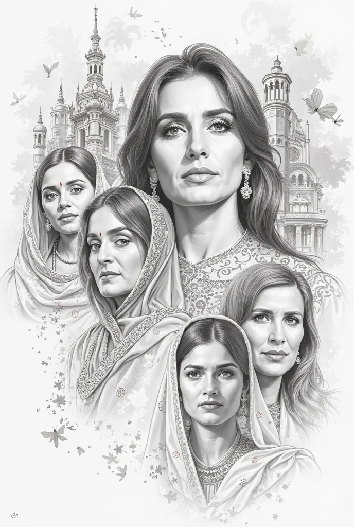Pencil Sketch, movie poster, notable female personalities of Pakistan, like Benazir Bhutto, Sharmeen obaid chinoy, Malala Yousuf zai, arfa Kareem randhawa, Muniba mazari, With background where it can be feel like they are from Pakistan