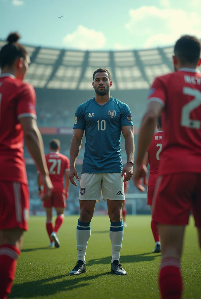 A very bearded, hairy, strong Iranian man wearing the El Salvador national football team uniform. He must wear a blue shirt with white details and the Salvadoran Football Federation shield on the chest.. The shorts must be white with blue details., and the socks, blue with a white stripe. His expression should be confident, e a pose, Stately, reflecting their strength and pride by wearing the uniform. Brazilian player shaking hands on the field at the stadium.