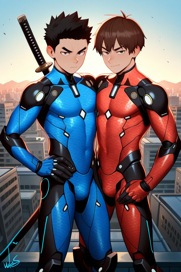 masterpiece, best quality, 8K, ultra res, extremely detailed,, Two Muscular 30-year-old men, standing tall in a futuristic, dimly lit warehouse. They're got a stern expression with berry short black hair and red eyes. Their entire body are covered in a sleek, black Spandex suit. They're crossing Their arms, posing with confidence. Subject details: Muscular, serious, 30 years old, black hair, red eyes BREAK Clothing/accessories: Black Spandex suit BREAK Pose/camera angle: Arms crossed, confident stance BREAK Background/setting: Futuristic warehouse

