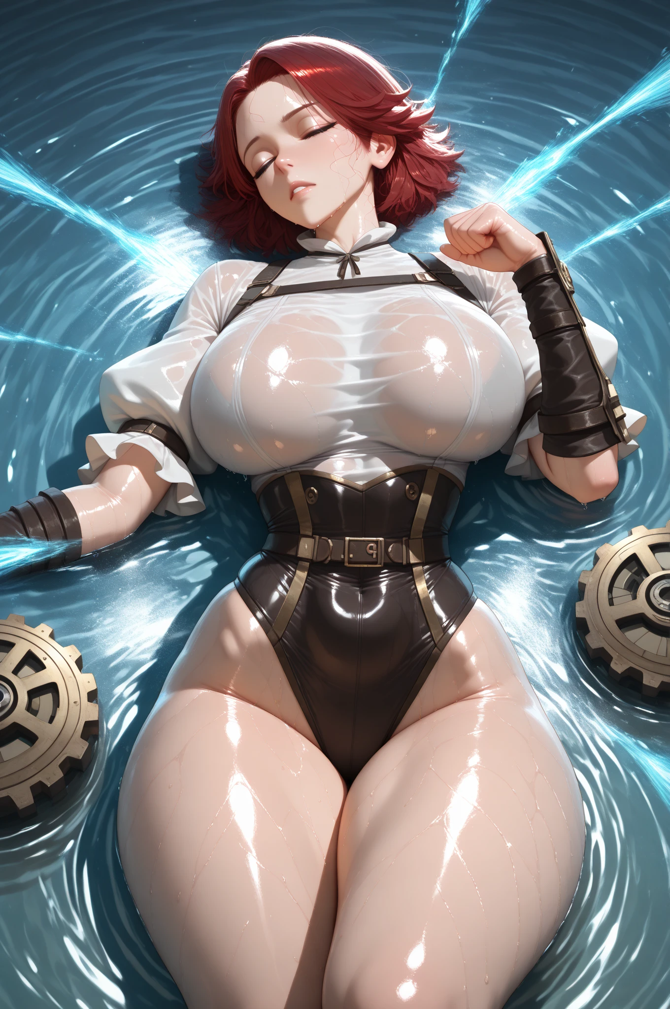 Bryce Dallas Howard in doggy style position, wearing barely anything, dripping wet, mouth open, moaning with orgasmic pleasure, in a puddle of water, one hand grabbing her breasts, highly detailed, 8k