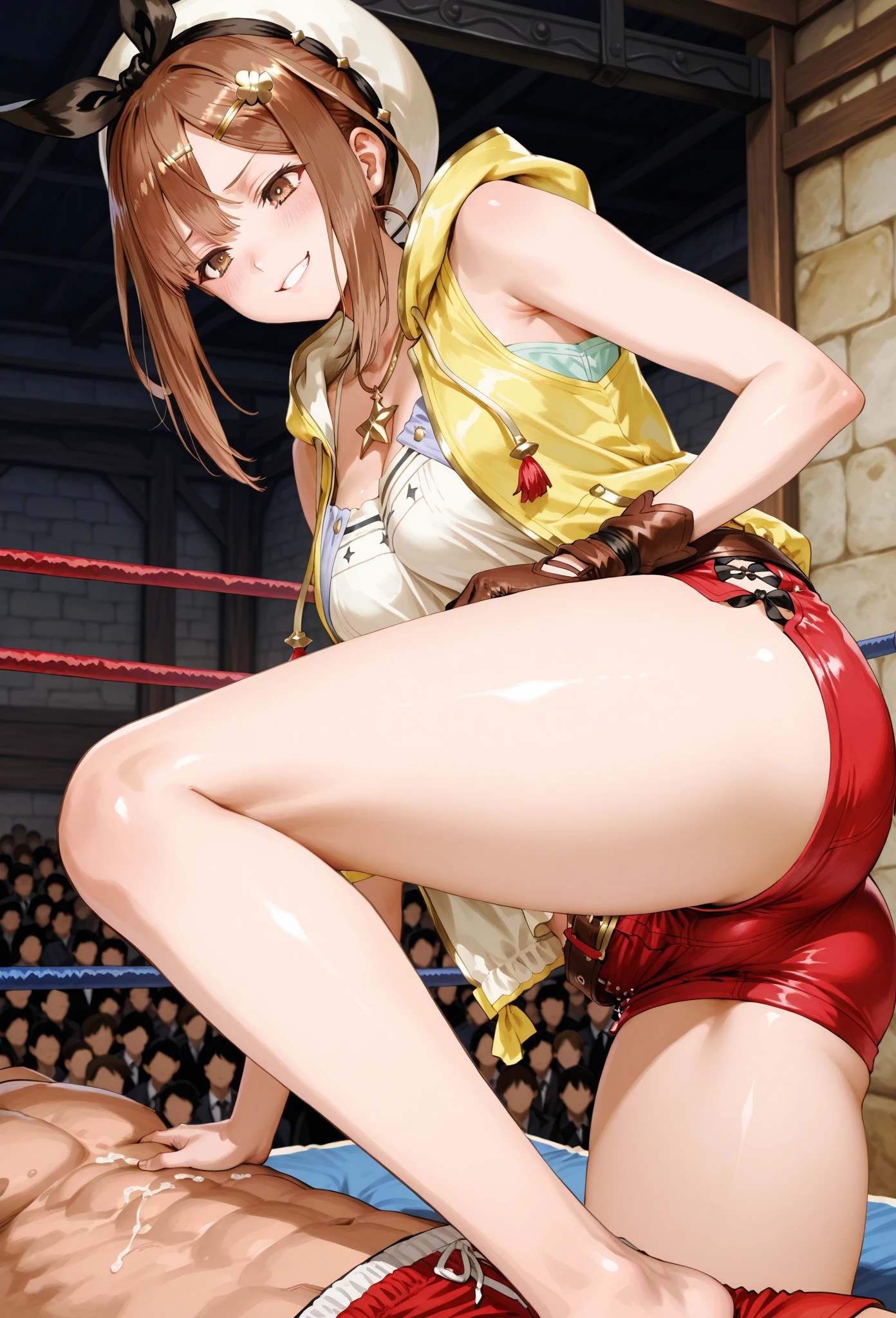 Honoka from Dead or Alive, in white button up shirt, suspenders and bow-tie, plaid skirt, white cotton panties, black stockings, break dancing, realistic art style, intricate details