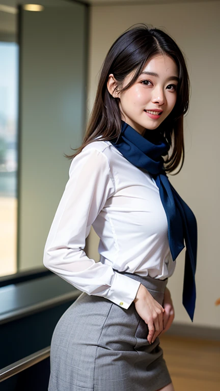 (8K, best quality, masterpiece:1.2), (realistic, photo-realistic:1.37), (high color saturation:1.0), (highly detailed skin), (highest quality:1.0), (ultra high resolution:1.0) ,(realistic:1.0), (Super detailed:1.0), (8K, Raw photo:1.1)、standing random pose, smiling, natural breast, perfect lighting, 22years old, (mysterious), clear and detailed, ((japaniese_office_uniform, flared skirt, sexy_blouse, flight attendant_neck scarf)), (indoor office, escalator), surprised face, ((looking at back viewer)), ((low angle photo)), (the sexy_shorts are showing under her skirt), inverted nipples,