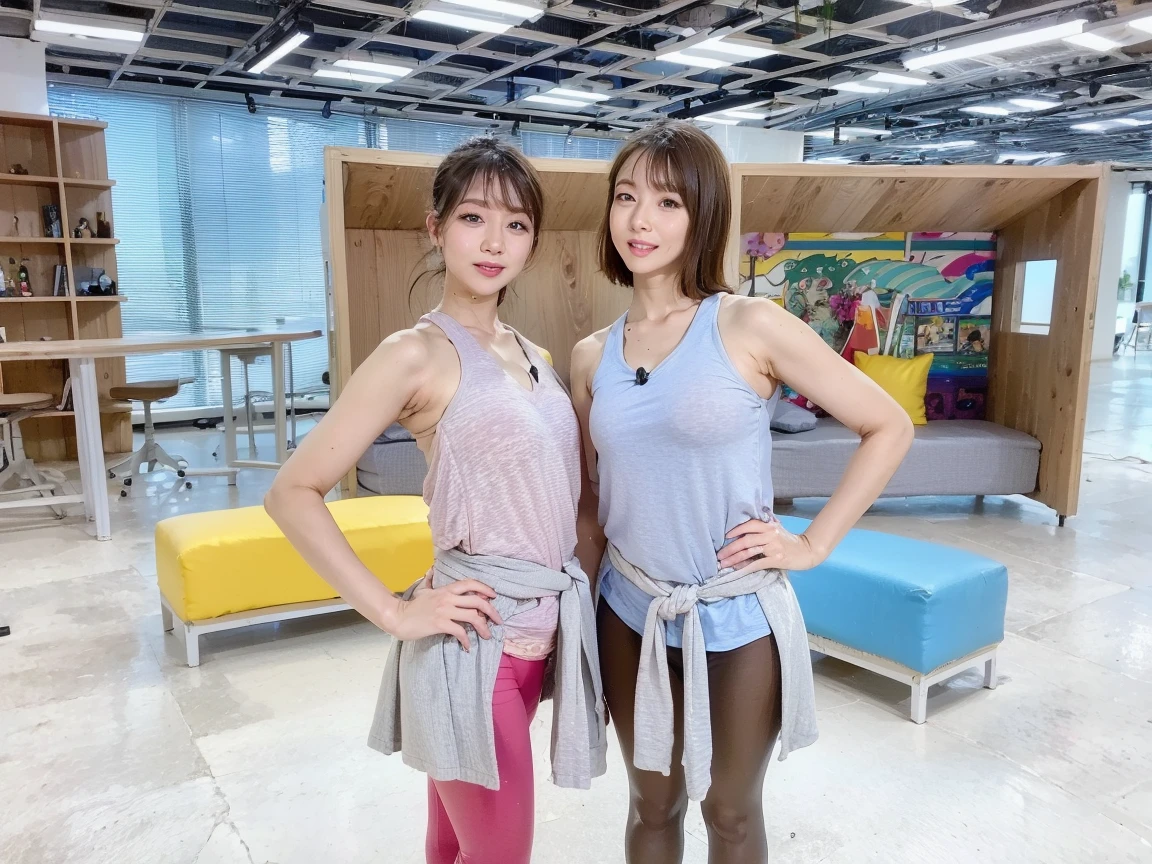 ((best quality、8k、Best image quality、Award-winning works))、A beautiful mature woman、Adults aged 45 years、Look at me and smile、(cleveage:1.1)、(Large Breasts:1.1)、Epic Lighting、(Sexy感受:1.2)、(Sexy、The most sporty atmosphere:1.2)、(Gym:1.1)、室内Gym:1.1)、Radiant and beautiful skin、Ultra HD Beauty、Long eyelashes、Natural Makeup、Ultra HD hair、Ultra-high resolution eyes、(超高解像度でRadiant and beautiful skin:1.1)、Ultra high resolution glossy lips、Beautiful skin with a radiant glow、Yoga vest、Yoga Shorts、