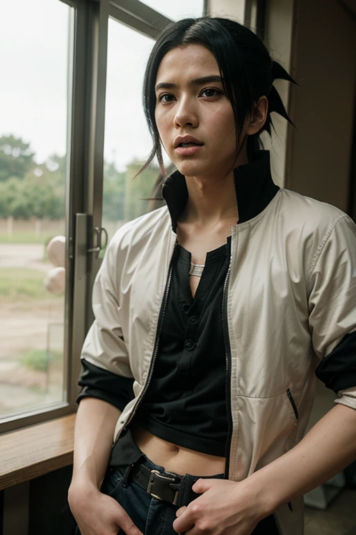 Pixel estilo Jujutsu Kaisen, height 1,56 cm, short black hair and short bangs, large dark brown eyes, beautiful