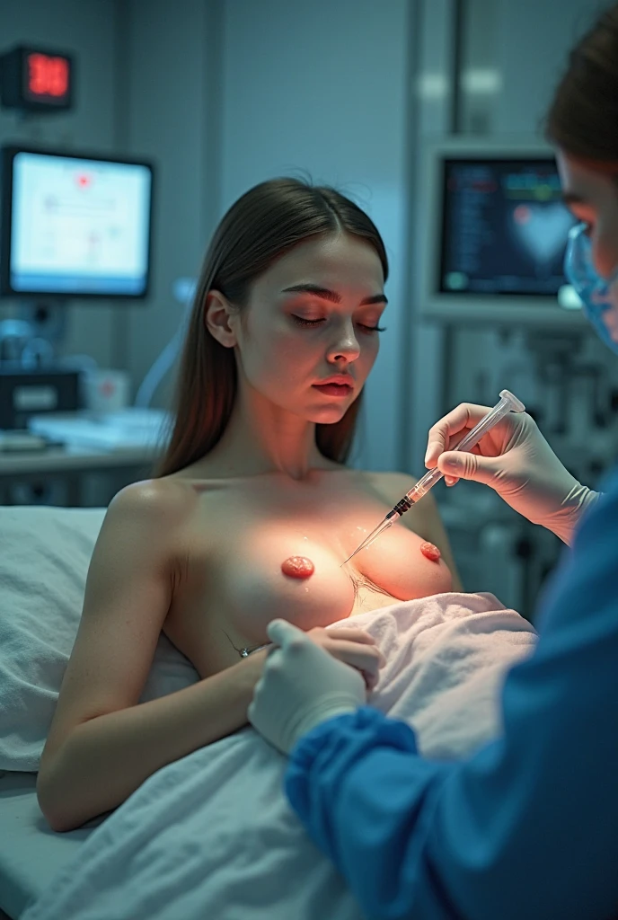 2woman, examines slim woman, medical office at background, wide angle, (detailed skin), (soothing tones:1.25), dramatic, nsfw, at night, shame, intricate details, hdr, artwork, lamp, light on face, medical laboratory, (detailed face)