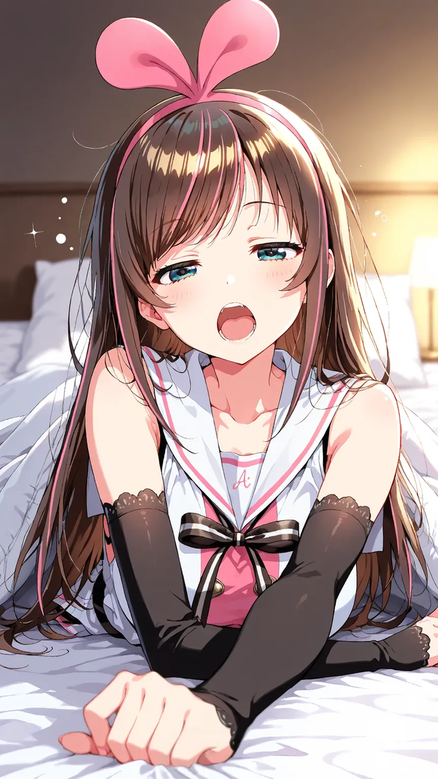 front view,1girl,Beautiful girl at 13 years old,Japanese,Slender,small breasts,Baby Face,Small face,Black Hair,Row Twin Tails,Gray Eyes,Drooping eyes,middle School girls,Sheer black and pink negligee,lingerie,open mouth,tongue out,front face,Lying in bed,Sleep on your back,Put your chin forward,Beautiful and detailed anime art,Sad look,front view,high angle, looking at viewer, looking ahead, from above,face focus,Sexy vibe,cum on tongue,Dimly lit room,Beautiful room,On the bed,blurry background