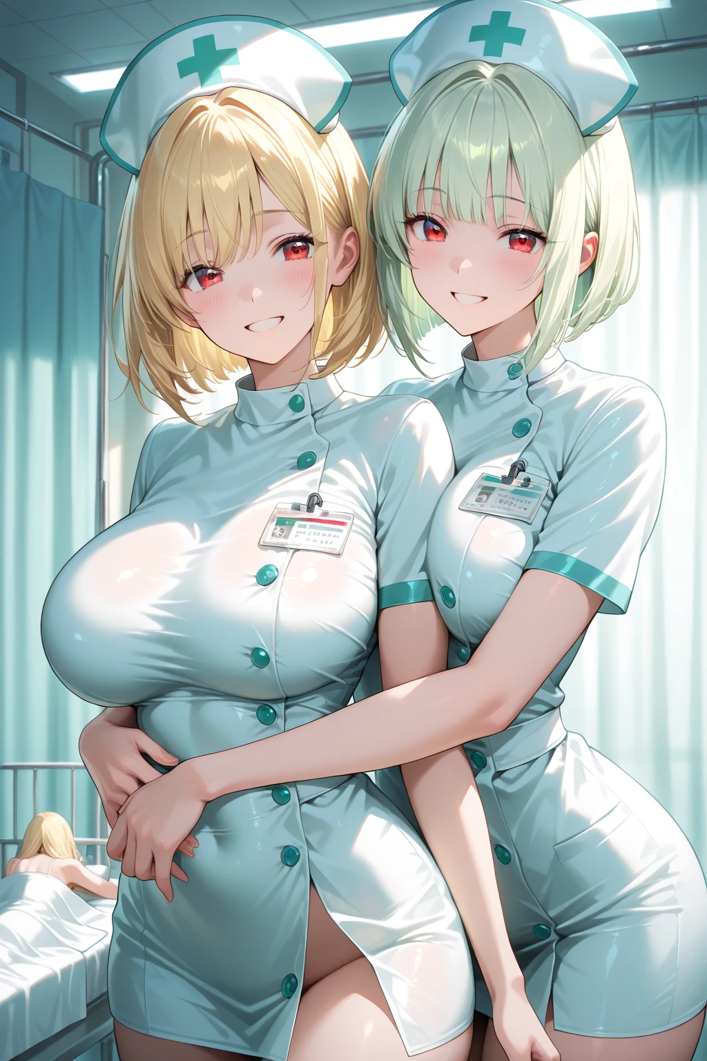 1boy, 2girls, light hair, square haircut, ponytail, bangs, ((white surgical gloves)), ((doctor outfit)), (((green surgeon outfit))), (((((long sleeves))))), ((elbow gloves)), erection, gloved handjob, gloves, handjob, hetero, indoors, latex, latex gloves, looking at dick, ((surgeon girl)), penis, pov, uncensored, small penis