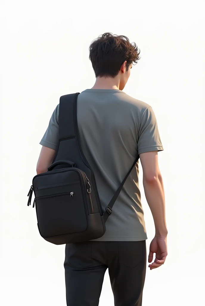 (best quality, masterpiece, ultra-realistic), Masterpiece, best quality, cinematic lighting, beautiful concept art, surrealism, epic scene, 8K, Milo is a boy Turn your back to the viewer, full body, boy wearing shorts, white hoodie and brown school bag. blank background, black background, single background