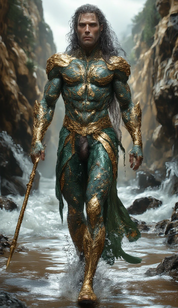 A tall man with broad shoulders. He is not that strong, but has a muscular body. He has black hair and turquoise eyes. He is shirtless and wet, because he is a merman. He is in his human form. He is holding an imponent Trident made out of aquamarine