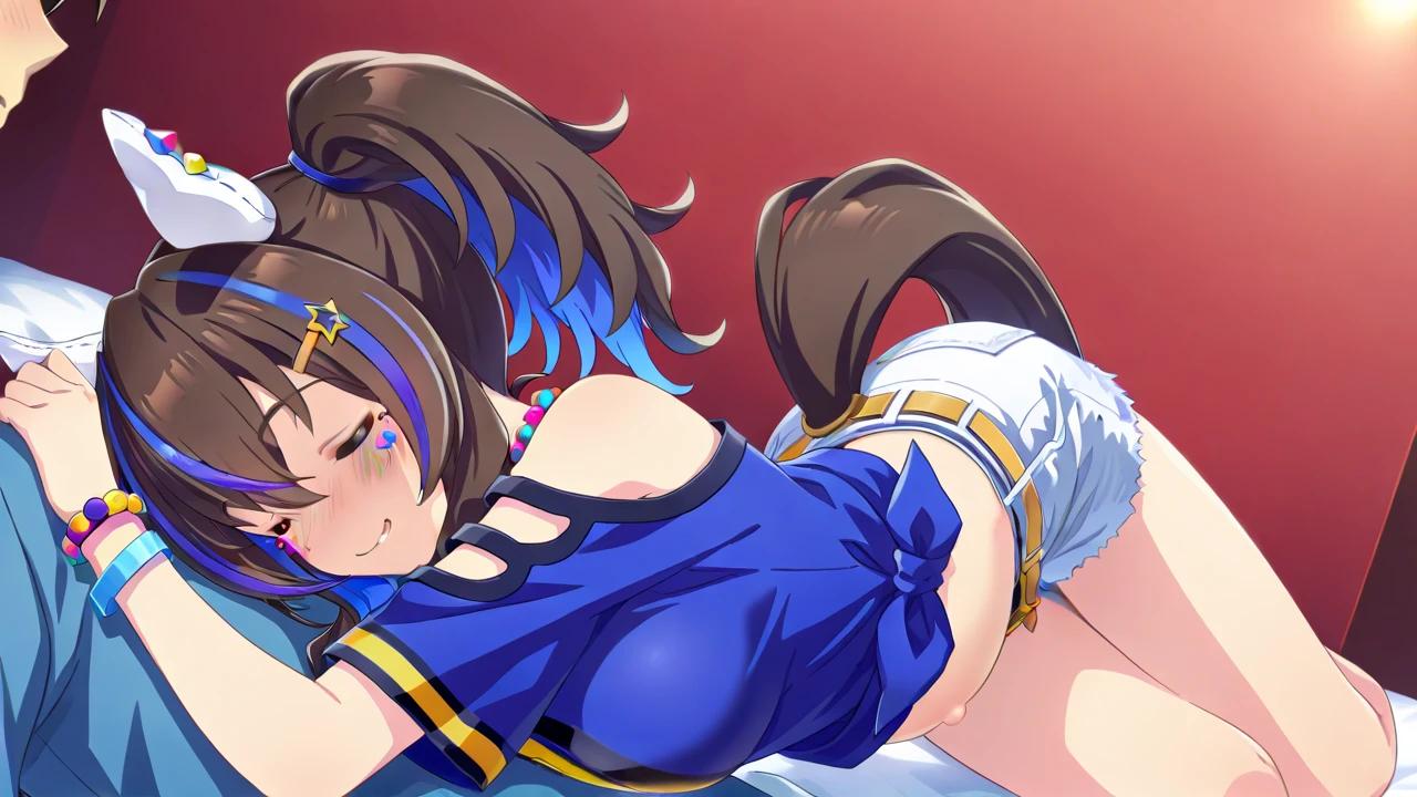 SoraBase, long hair, star hair ornament, hair ribbon, blue eyes, blue vest, sleeveless shirt, red ribbon, navel, wrist cuffs, blue skirt, blue thighhighs, thigh ribbon, waist cape,aged up,milf,,,(masterpiece),(best quality),(ultra-detailed),(best illustration),(best shadow),(absurdres),(detailed eyes),(very aesthetic),1girl,dim lightning,in bedroom,horny,in heat,,heavy breath,shiny skin,sweat,,,,torn thighhighs,Sitting on lap, penetration,1boy,back shot,looking back,vagina on show,looking at viewer,,happy,pleasure-face,,intense-pleasure,