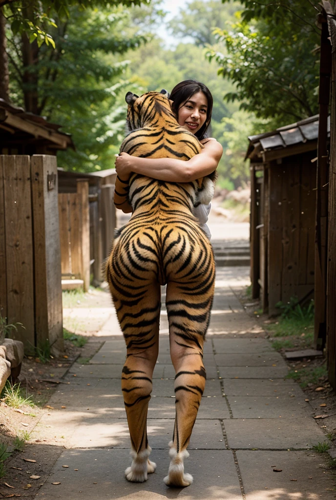 a asian girl riding a big cat