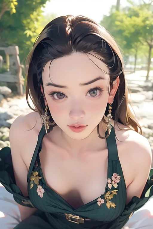realisitic, 1girl, light hair , greeneyes, glare eyes, top cropped, overskirt, half-open lips, blush, luz  seios medio, bunda grande