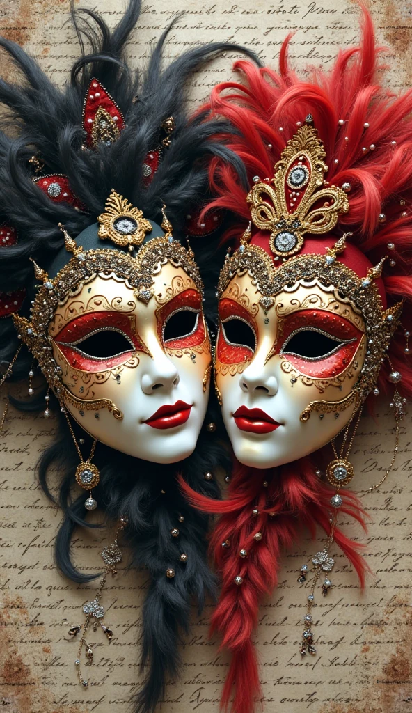 Two Venetian carnival masks are richly decorated with gold and silver patterns and details, lace and beads, luxury and mystery. Against a background of handwritten text and abstract elements, The depth and complexity of the composition. The color palette is bright: red, black, white, gold and silver. 
