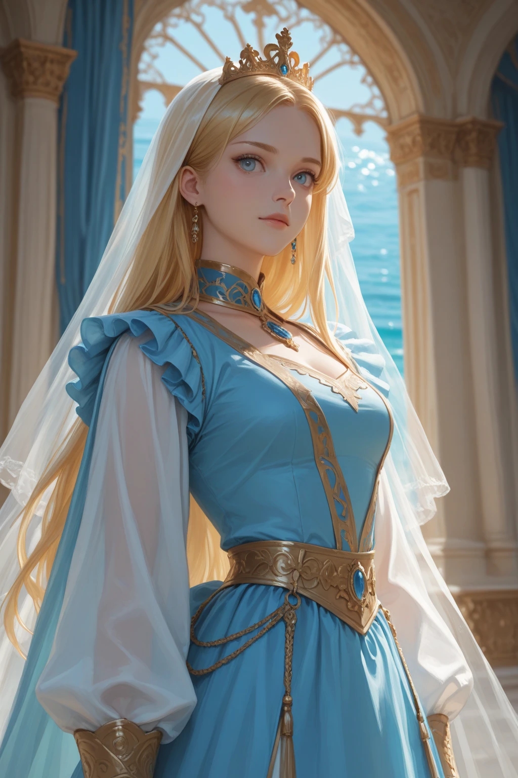 Wearing a blue dress、Blonde woman with veil, Beautiful fantasy girl, Detailed fantasy art, Beautiful fantasy art, Blonde Princess, artstation pixiv download artgerm, Beautiful girl, ((Beautiful fantasy queen)), 2. 5D CGI anime fantasy artwork, Fantasy art style, Detailed digital anime art, Fantasy style art