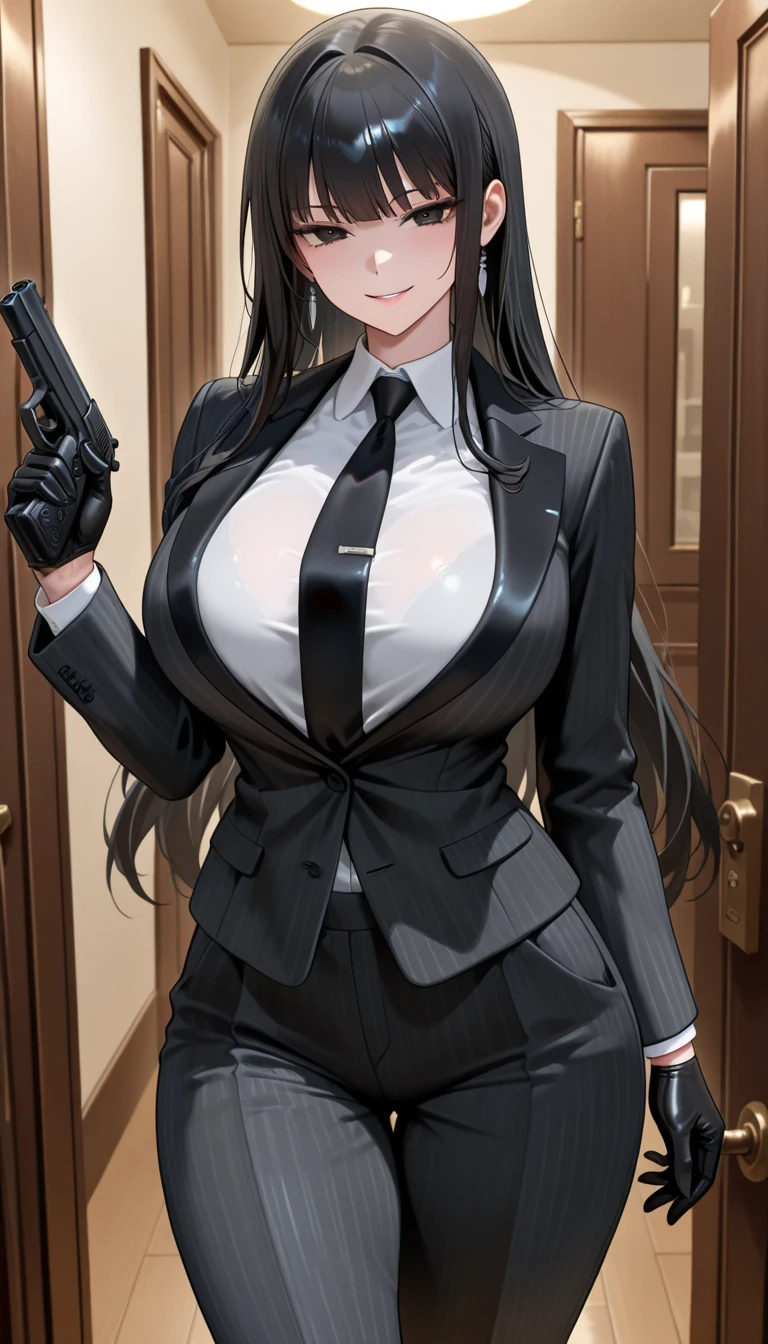 DEFSAIKA, RED EYES, 1girl, solo, masterpiece, best quality, highly detailed,breasts,skirt,cleavage,long hair,skirt
suit,suit,formal,jewelry,necklace,micro pencil skirt,jacket,smile,makeup,looking at viewer,business suit,
lipstick,office lady,mature female,micro miniskirt,indoor,office,office lady ,smile, open mouth, (nsfw) not
safe for work, holding a gun, evil expression, exposed belly, exposed navel, exposed midriff, exposed
lower belly , lipstick