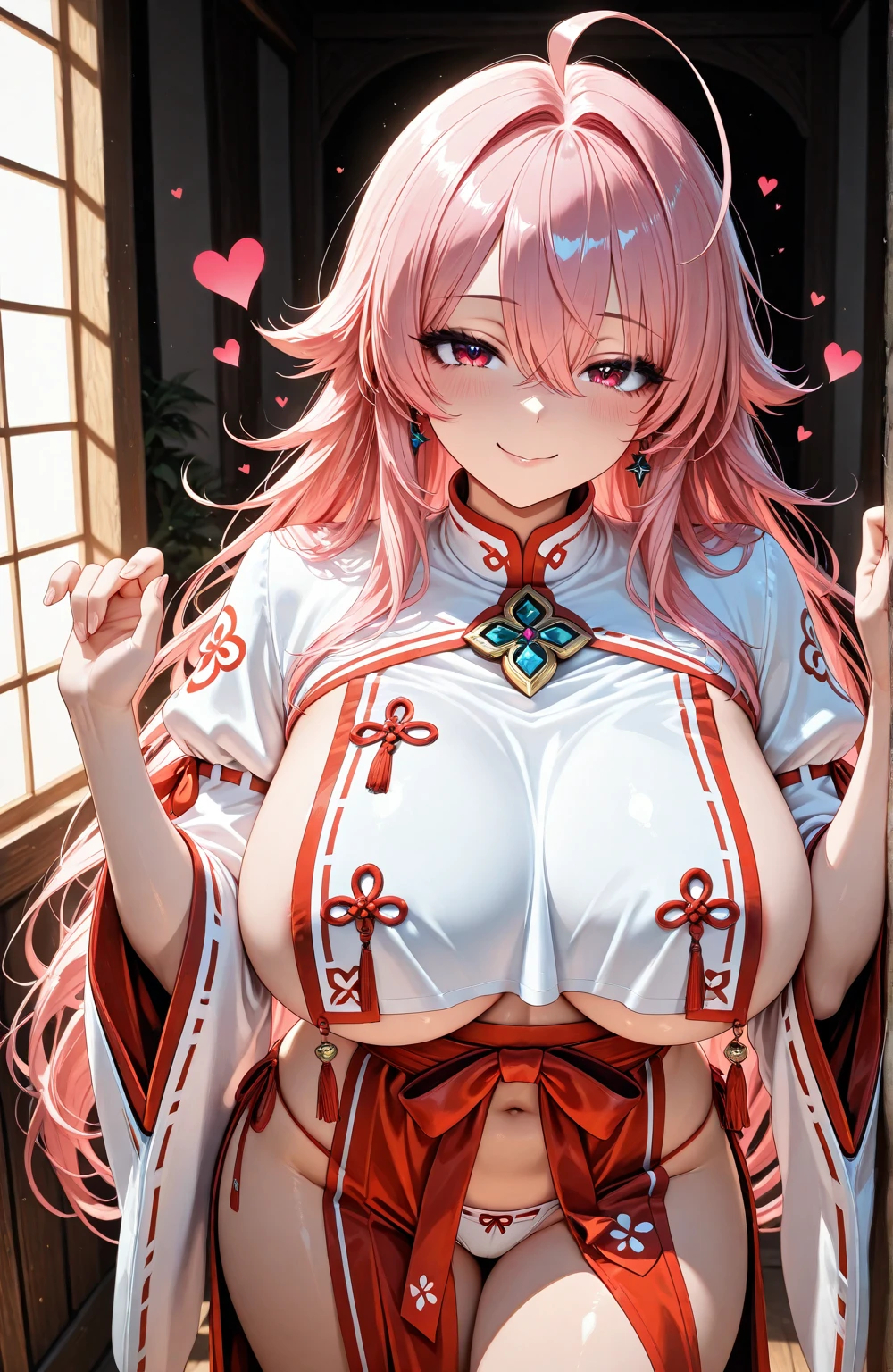 (((masterpiece, best quality))), (((superior quality))), cute girl, ((extremely detailed girl)), ((huge breasts)), ((kimono)), (bare shoulders), strapless top, slight smile
