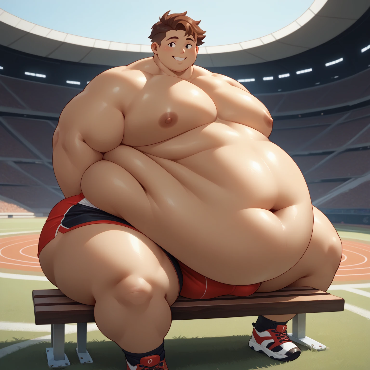 Photographic full body , morbidly obese young white guy gamer with brown undercut haircut, in white Nike long socks pulled up white shiny basketball shorts and jerseys, golden rings, necklaces, bracelets, attractive, with massive belly, slumped in his spaceship style chair in his white socks, showing off his white socked feet, playing on his computer, in super-modern fanatic gamer's bedroom with special lightening effects 