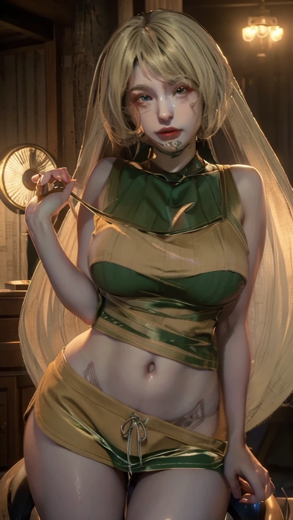 girl with curly yellow hair (wearing a costume consisting of watermelon slices), dim light, many details, close-up, hyper-detailed, style by Greg Rutkowski