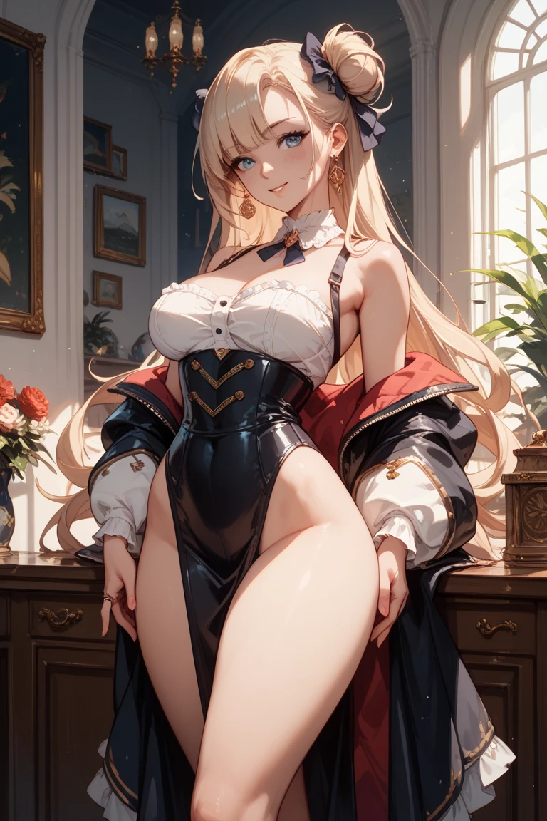 Silvery curly hair、hime-cut、Girl with golden eyes、View of the crotch from below、flat chest、Thin pubic hair、Beautiful open legs、Red military uniform
