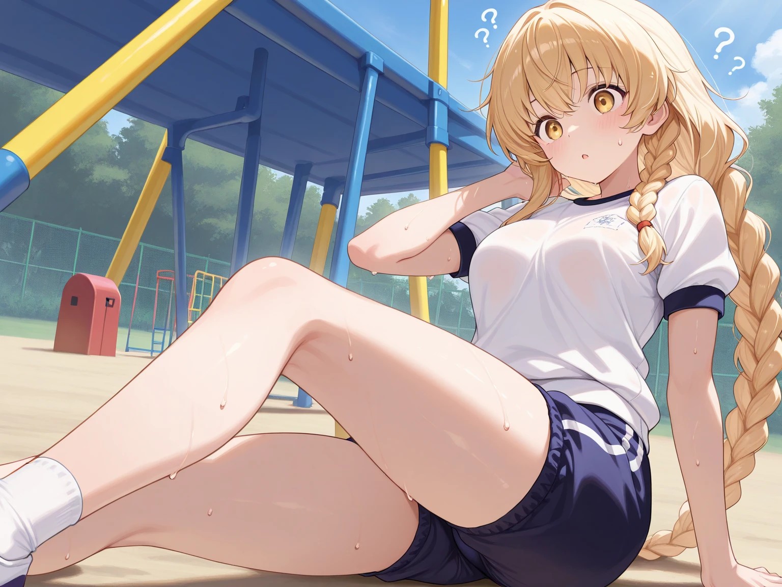 Make a Caucasian boy with wavy blond hair wearing sports shorts and no top