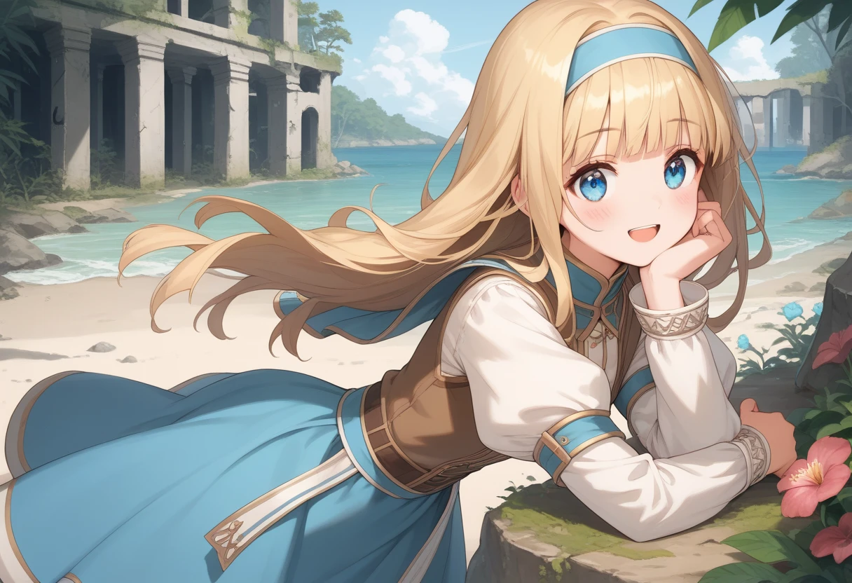 Anime girl sitting on rocks by the sea with dog, Blonde anime girl with long hair, wallpaper anime blue water, anime wallaper, Beautiful anime, Guviz, hd anime wallaper, Anime style. 8K, anime visual of a cute girl, Splash art anime , drawn in anime painter studio, Smooth anime CG art