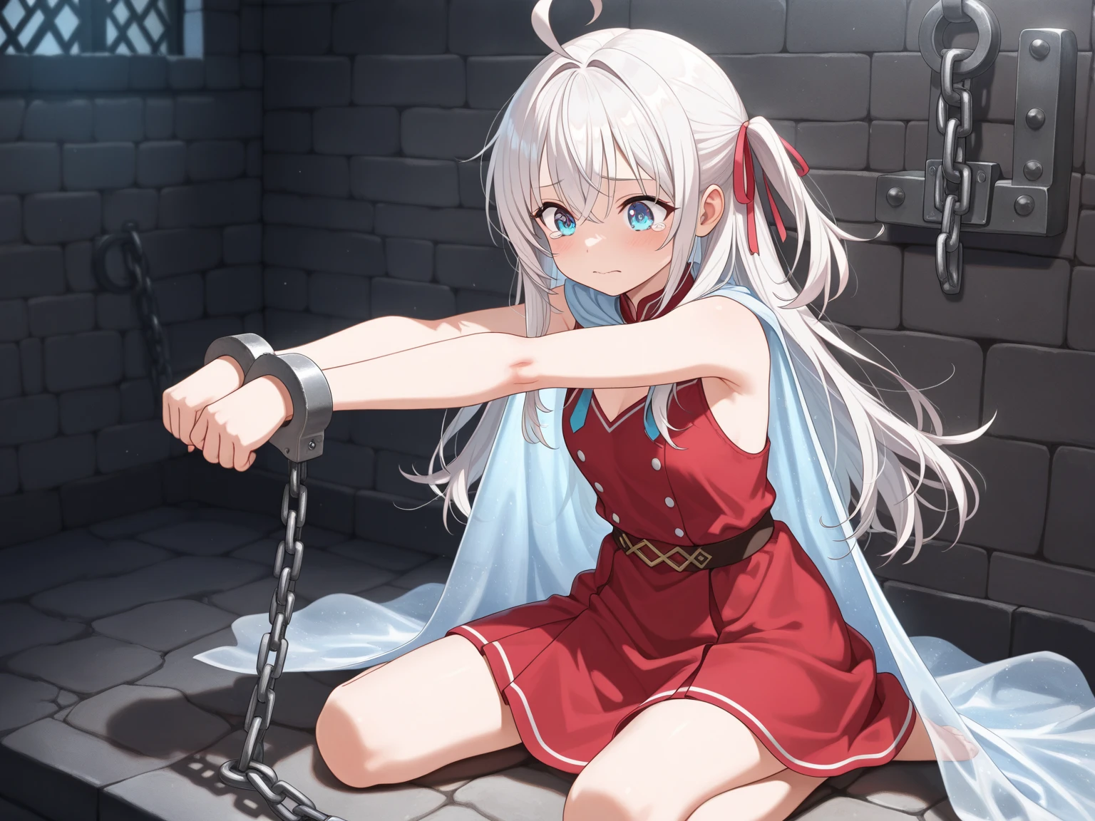 score_9, score_8_up, score_7_up, score_6_up, score_5_up, score_4_up, source_anime, 1woman, worth, perfect anatomy, solo, Irisviel von Einzbern, red eyes, long hair, red shirt, black skirt, white thigh boots, heels, pantyhose, cowboy shot, standing, smile, indoors, spread arms, w-w-chain, shackles, dungeon, best quality, best res, 4K UHD,
