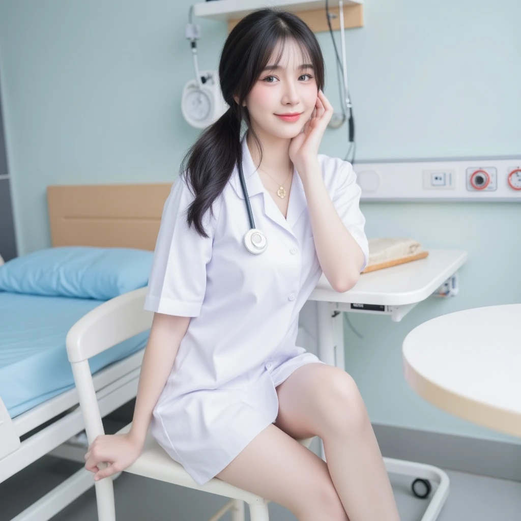 ( (8K:1.27)、top-quality、masterpiece、超A high resolution:1.2)、Showing legs, showing paws, Show me the soles of your feet,、I see underwear、White nurse uniform、A dark-haired、Long straight hair、Colossal tits、In the hospital、Hospital Room