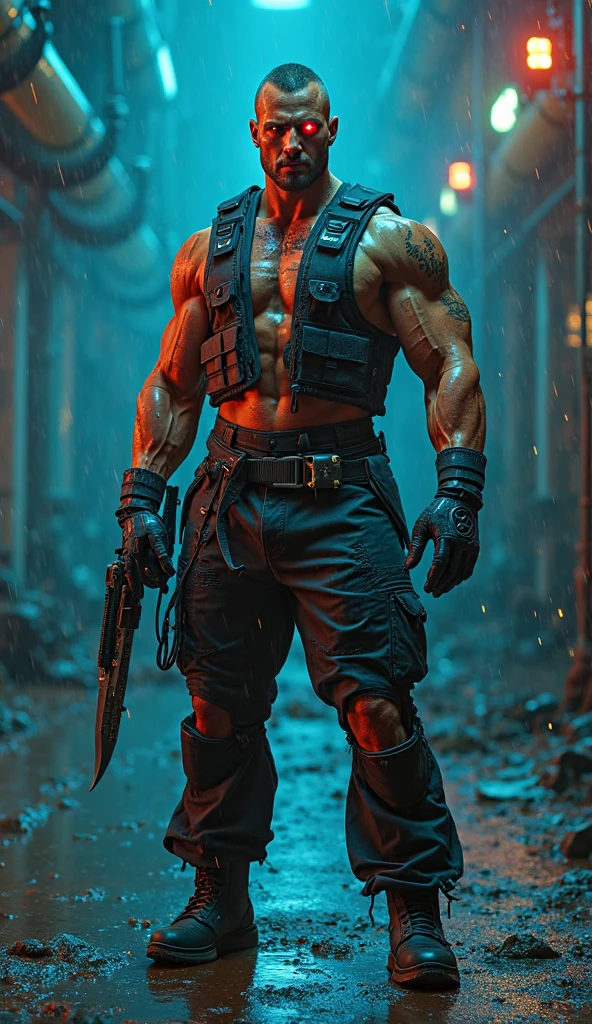 Zombie bos, red eyes, grip big knife, muscular body, shirt demeged, ultra realistic, high detailed, full body list