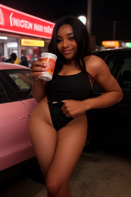 Brazilian, 25 years old, short straight hair, dark skin, wearing super girl clothes, thick legs, big hips, she is drinking milk
