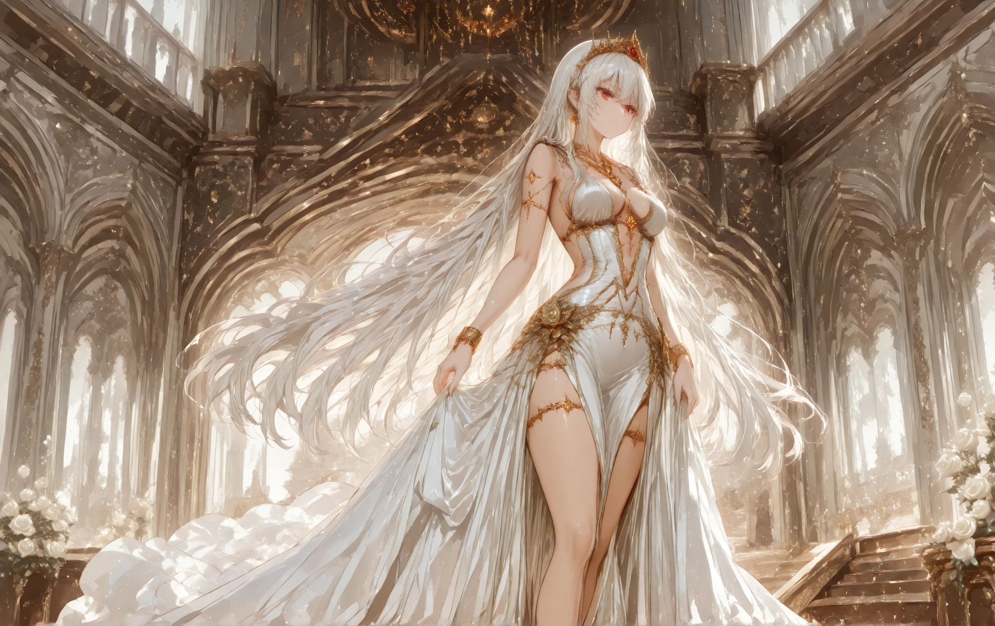 Master anime work, impeccable masterpiece, a mature female character wearing sexy transparent armor standing on a pure white background, Flowing hair,(White hair, Light pink hair), Full body standing, Slender legs, straight breasts, detailed face details, Natural and beautiful standing, vivid and real body details