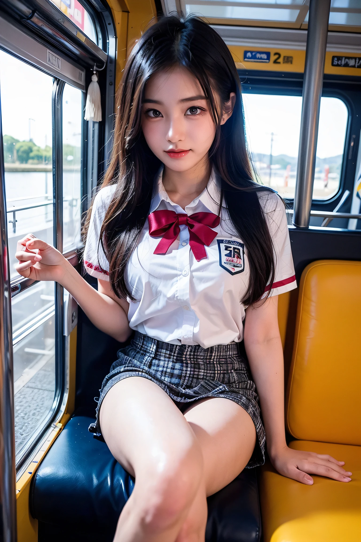 High angle shot、Center View、An Asian woman in a short skirt and bow tie is sitting on a train、Cute school girl、Japanese girls uniform、Wear Japan 、Japanese 、Surreal 、Dressed as a high school girl、Surreal 、Wearing a uniform、Realistic high school girl、Girl in uniform、Wearing a uniform、 Pause、Esbian all over、Beautiful skin、Glowing Skin、Nice thighs、Shining thighs、Shining Legs、barefoot , Japanese High School 、Nogizaka Idol、Korean Idol