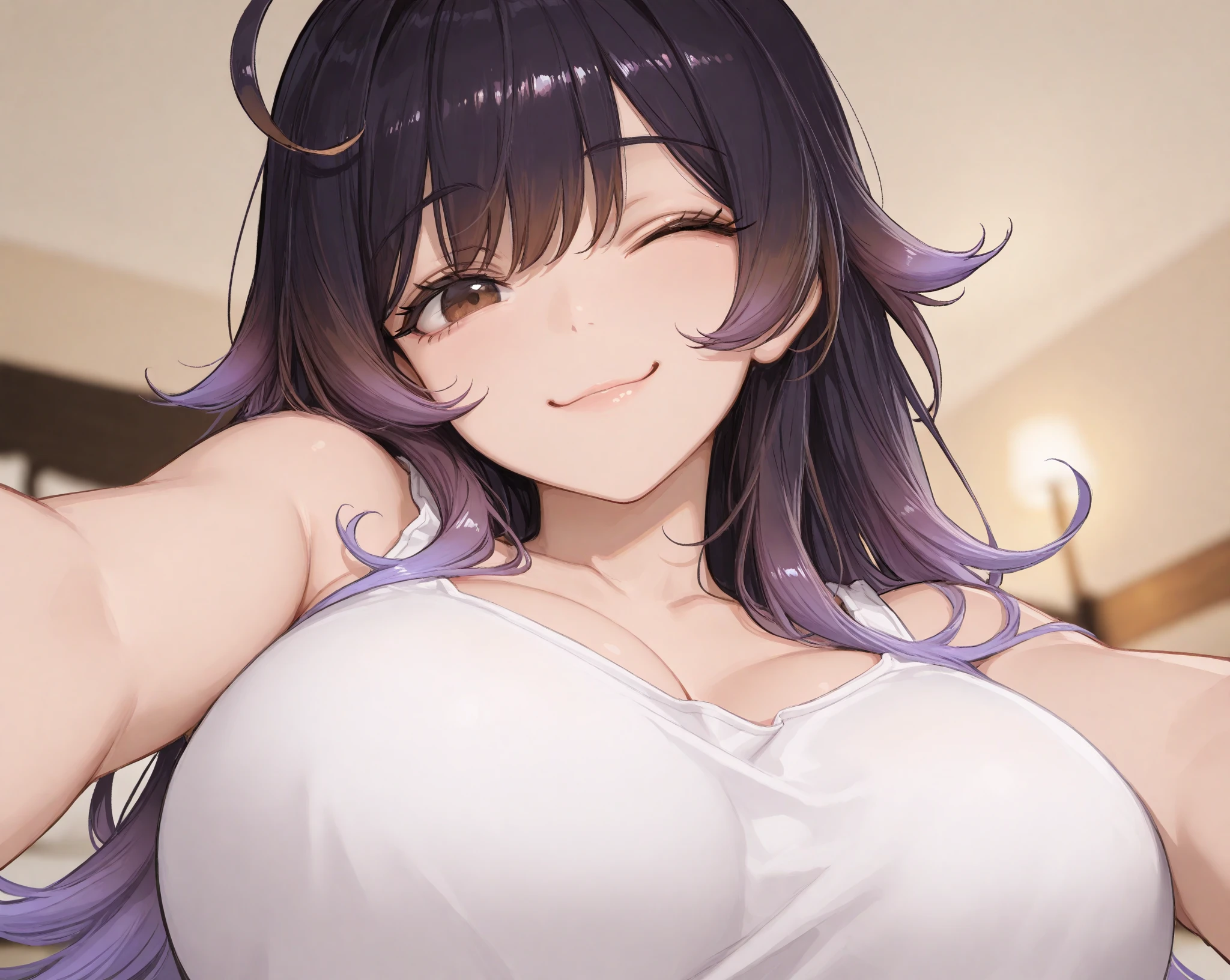 1girl, violet eyes, black silver gradient hair, long hair, decent large breast, sinister smile, white tank top, black gym short living room, looking at the viewer, masterpiece, best quality, very aesthetic, absurdres, newest, intricate details, intricate, (SuperQuality:1.0) ~ (SuperQuality:1.2)