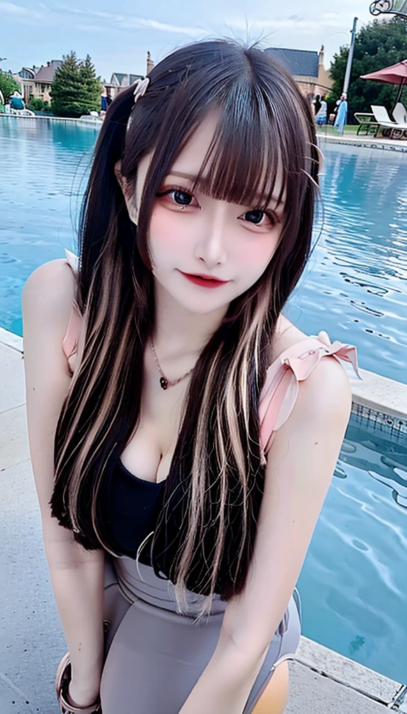 bangs, blunt bangs, Hime cut, Straight hair, My hair spread out, Shiny Hair, Very long hair, Glowing Eyes, Sparkling eyes, Big eyes, The pupils shine, Long eyelashes, compensate, Sticking out tongue, Part your lips, Bright Eyes, Totally blush, Saliva trace, tooth, Korean women, Korean Girls, Surrealism, Gothic art, realism, ハイパーrealism, UHigh resolution, masterpiece, Accurate, Anatomically correct, Super detailed, Attention to detail, high quality, 最high quality, High resolution, 1080P, 4K, High resolution,Micro Bikini,Disheveled Hair,Poolside,Cowboy Shot,Full Body Shot,Thighs,Detailed face,CG