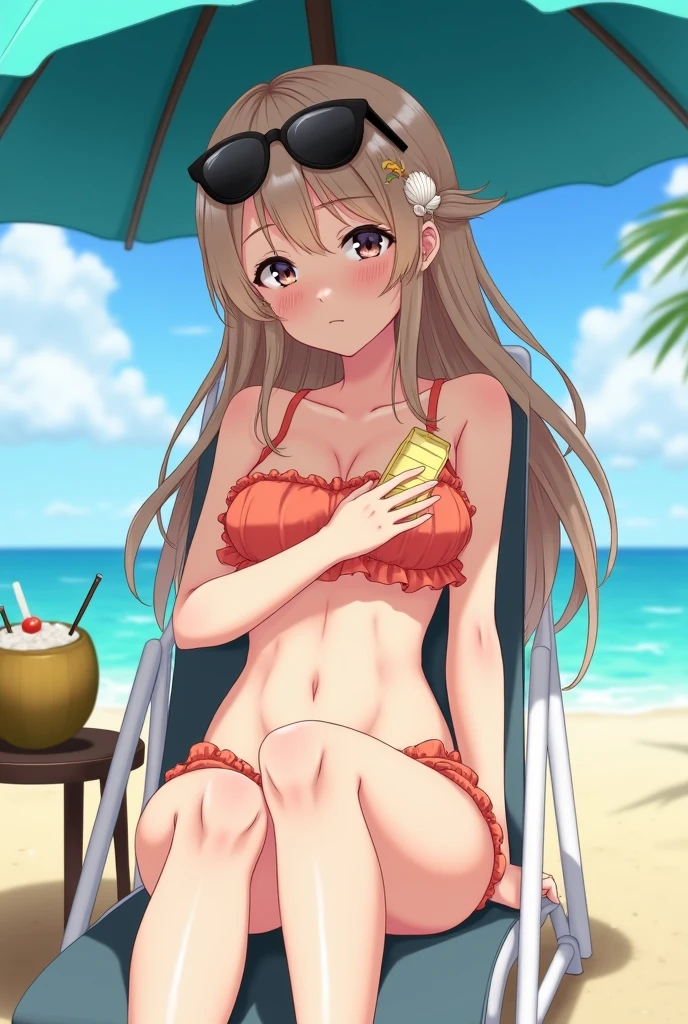 1girl, kitagawa marin, sono bisque doll wa koi wo suru, bikini, beach, beach parasol, ready drink in one hand, sweat, crowd, closed mouth, sexy pose, Summer Sunshine, key visual, highly detailed, looking at viewer, full body, masterpiece, best quality, very aesthetic, absurdres