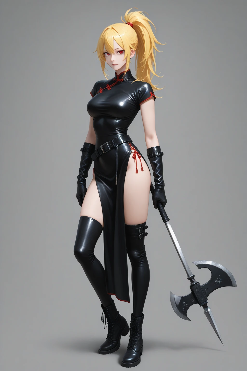 ((1Princess Peach/cybernetic suit/Ninja/huge breasts/Mohawk hair/full body tattoos/Katana/covered in a lot of blood on the outfit and the whole body,Unreal Engine 5, Anime Style, Masterpiece, Max Resolution/Sharpness/Quality/Detail, legs apart, sword wielded,staring at the viewer/smiling/clothing and body all wet, in a macabre ancient temple with extremely heavy rain with half-flooded ground.