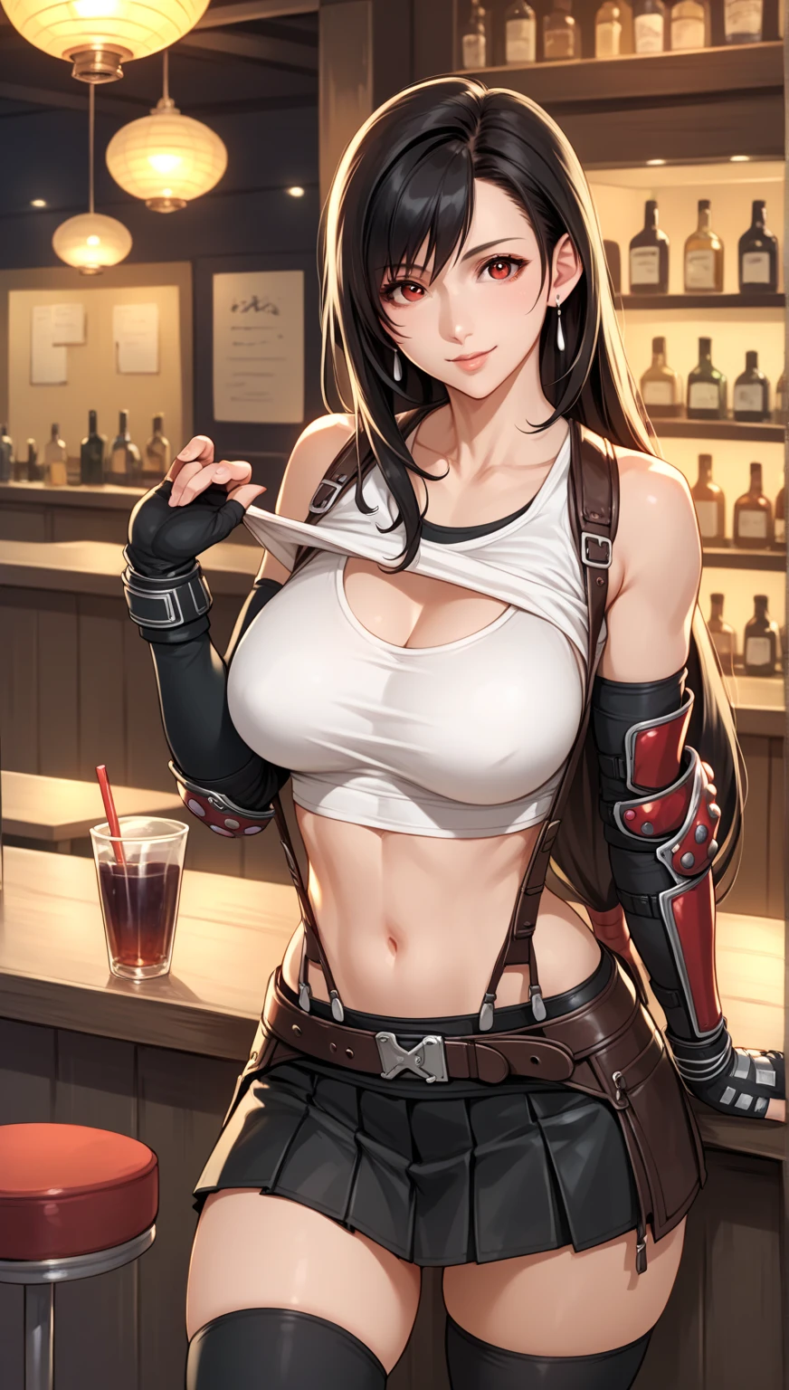 Izayoi Seishin artstyle, (score_9, score_8_up, score_7_up), (best quality, masterpiece),perfect anatomy, (aesthetic, very aesthetic), official style, (ultra-high resolution), 1girl, tifa lockhart, final fantasy, (beautiful woman), tareme, black hair, low-tied long hair, red eyes, bangs, white tank top, gap, belt, pleated skirt, thighhighs, elbow fingerless gloves, elbow pads, midriff, navel, suspender skirt, zettai ryouiki, front view, straight-on, large breasts, Solo, mediumshot, vibrant, joyful, cafe and bar.