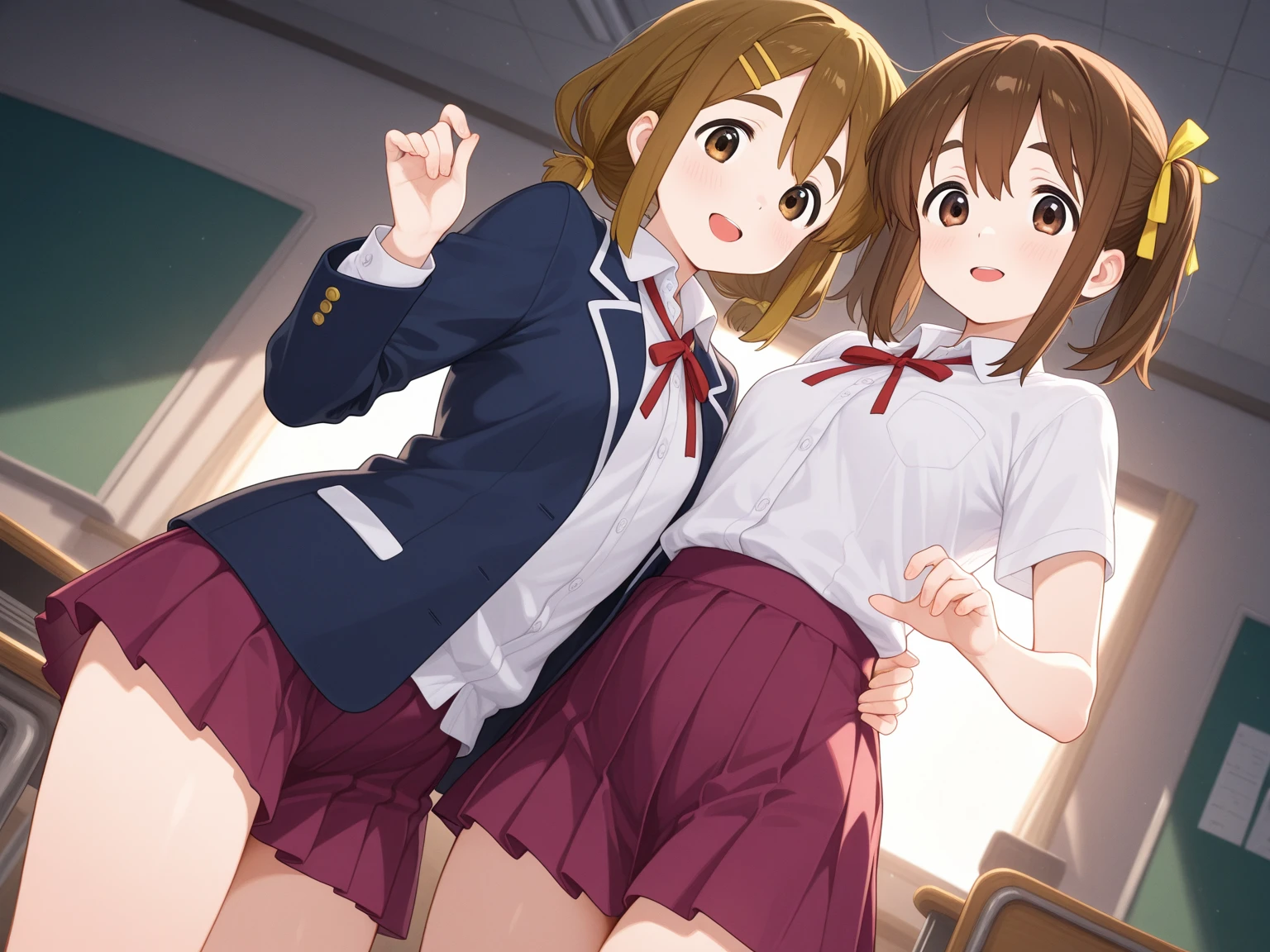 long hair, looking at viewer, blush, smile, open mouth, bangs, multiple girls, skirt, brown hair, shirt, long sleeves, 2girls, hair between eyes, brown eyes, , braid, :d, sidelocks, pleated skirt, shoes, serafuku, socks, indoors, black skirt, sailor collar, neckerchief, kneehighs, window, brown footwear, curtains, black socks, loafers, carrying, red neckerchief, black sailor collar, folded ponytail, wooden floor, princess carry, inazuma \(kancolle\)