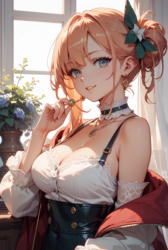Beautiful woman, sparkling eyes, false eyelashes, pink lips, big and full breasts, two arms, Thumb and four fingers, anatomically correct fingers, detailed description, Floral ruffle dress, Outing, Casual style, Outstanding style, ribbon,