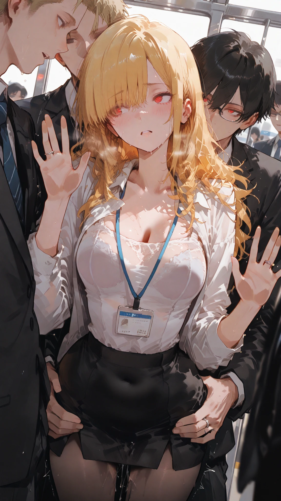 Short Hair、Blonde、Nipples、tits、office lady、garter belt、Insert the penis into the、Open your legs while crouching、Perfect body、Semen overflows from pussy、Surrounded by a large group of men