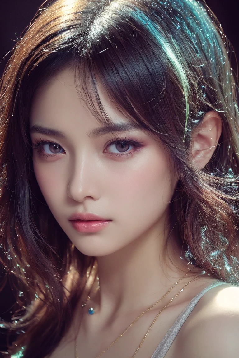 (8k, Highest quality, High resolution, masterpiece :1.3, RAW Photos), ((Accurately expresses the fine details of the face and skin texture)), ((Purple Background)), Beautiful adult woman, Long contour, Oiran, Gorgeous red kimono::2, hairpin, Captivating look, Strike a Pose, Earrings,　Cleavage、Loose kimono、