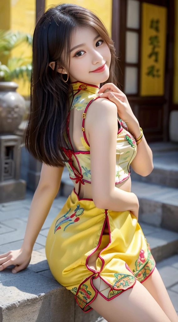  masterpiece, best quality, 1girl, solo, (matur e female), round pupils, long hair, hair, princ ess, (blueblack wet + yellow wet) dress dress, fantasy, happy, looking at vi ewer, cartoon, anime, (oil painting) Burmese girl, 18 years old, Bagan pagoda view backgr ound, clear Hd 8k