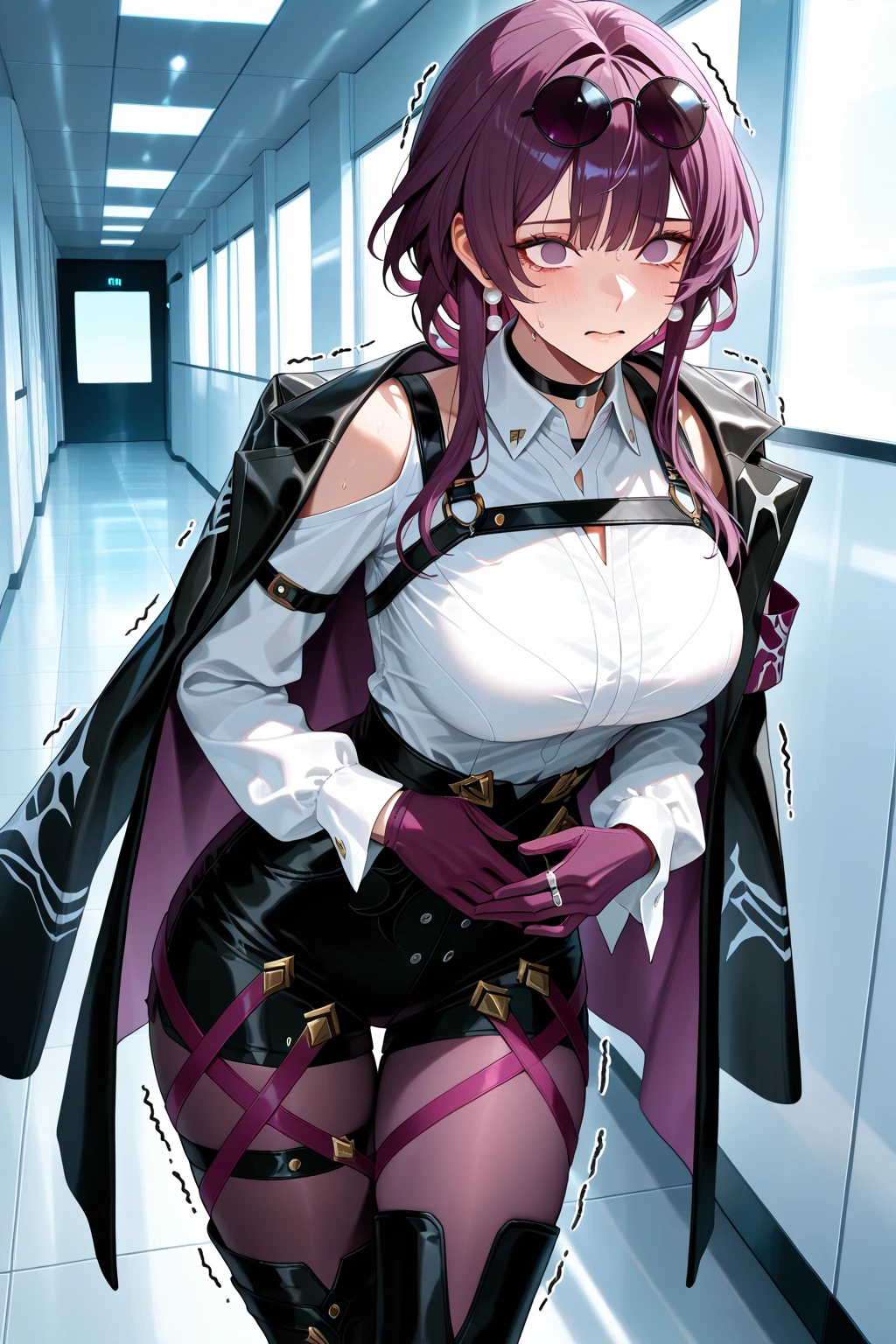 (highest quality:1.37), (masterpiece:1.37), HDR, physically-based rendering, bokeh, (cinematic lighting:1.37), aakafka, sunglasses, (eyewear on head:1.5), harness, black jacket, white shirt, collared shirt, long sleeves, white sleeves, purple gloves, black shorts, thigh strap, (pantyhose:1.25), (standing:1.25). The artwork is inspired by manga and incorporates a doujin style. The woman appears to be (wetting herself:1.5), which causes her to feel embarrassed and humiliated, resulting in a blush on her face. In addition, there is an air of anger in her expression. The lighting in the scene is moody, with a spotlight highlighting the woman's figure, her arms are crossed (arms crossed:1.5), (crossing arms:1.5), pee stain, peeing stain., large breasts, skinny, (full body:1.25)