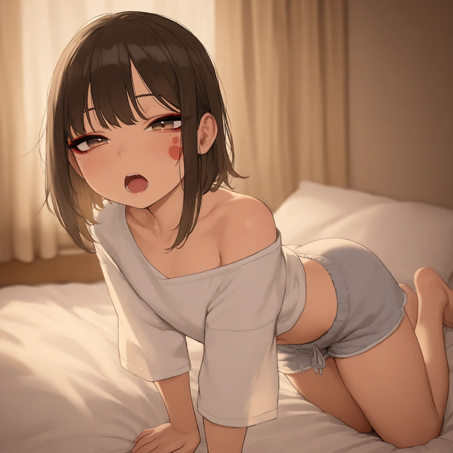 lie in bed、masturbating for the first time、unstoppable masturbation、Feel、Embarrassed and crying face、heavy breathing、sweaty bangs、A sad sigh、small breasts（:2.0）Open the front of your top to reveal your breasts and nipples、nipples are erect、13 years old、beautiful face、virgin、A cute face that knows no dirt、pull up your shirt with one hand、With my other hand, I put my hand inside her panties and touch her pussy.、Panties are wet with pussy juice、Cute striped panties、heavy breathing、sweaty bangs